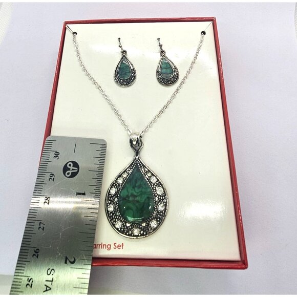 Silver Tone Necklace & Earring Set Faux Mother Of Pearl Enamel - Picture 12 of 13